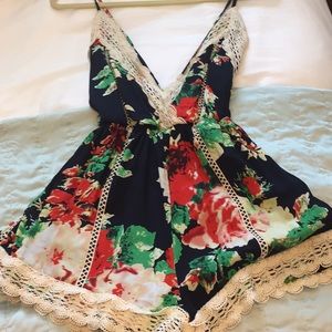 Floral romper with lace trim